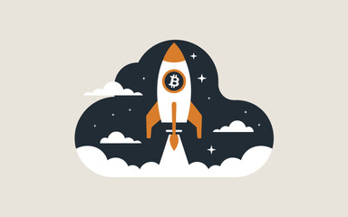 Bitcoin Rocket Launch A Symbol of Cryptocurrency Growth, A stylized illustration of a rocket carrying a Bitcoin symbol, soaring through a night sky filled with clouds.