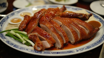 A plate of crispy Beijing roast duck with golden-brown skin, sliced and served with pancakes, scallions, and hoisin sauce