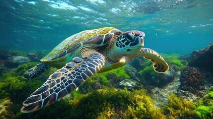 Obraz premium Majestic sea turtle gracefully swims through vibrant coral reef