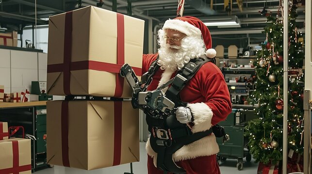 Santa using exoskeleton suit to lift enormous Christmas gift boxes in his high tech workshop