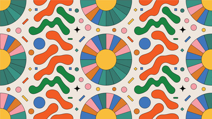 Fototapeta premium Retro Geometric Pattern With Circles And Organic Shapes Bold Color Palette