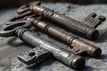 Antique metal keys rest on textured stone, shadows deepen their vintage beauty