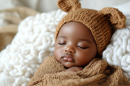 Peaceful Sleeping Newborn Baby in Green Knitted Hat with Flower in Studio Setting