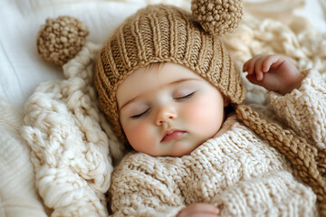 Peaceful Sleeping Newborn Baby in Green Knitted Hat with Flower in Studio Setting