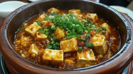 A serving of mapo tofu in a clay pot, featuring soft tofu cubes in a spicy, aromatic Sichuan pepper sauce, garnished with chopped green onions