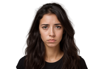 Close-up of a woman looking sad isolated on white background
