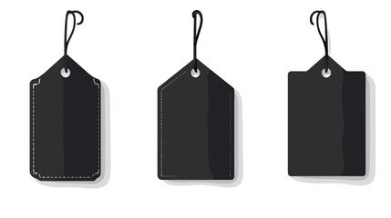 Three Black Blank Price Tags Hanging on White Background