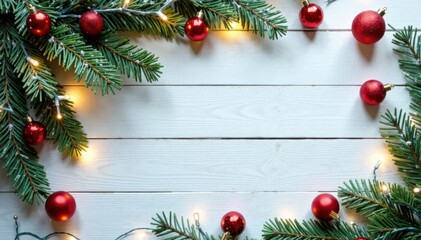 Fir branches with snowfall on a wooden white board, surrounded by Christmas lights and New Year decorations , Decorations, New Year