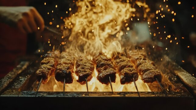 Chinese street food stall with skewers of grilled lamb (chuanr), coated in cumin and chili flakes, being cooked over open flames