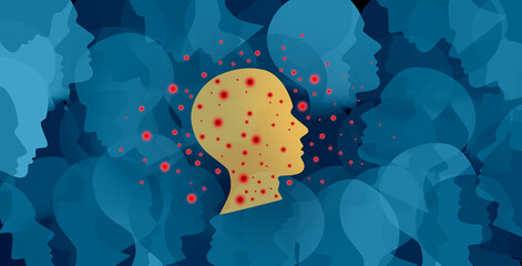 Measles outbreak as a very contagious disease medical concept as a person with a viral illness infection spread as Koplik spots on the skin and the dangers of spreading the infectious virus.