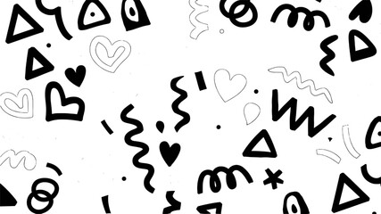 Playful Pattern Of Geometric Shapes And Hearts In Black And White Doodle Style