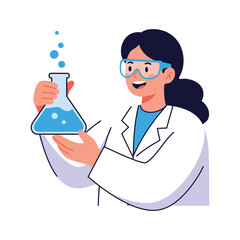 Scientist character man in lab coat holding flask with bubbling chemical liquid, flat vector illustration research concept