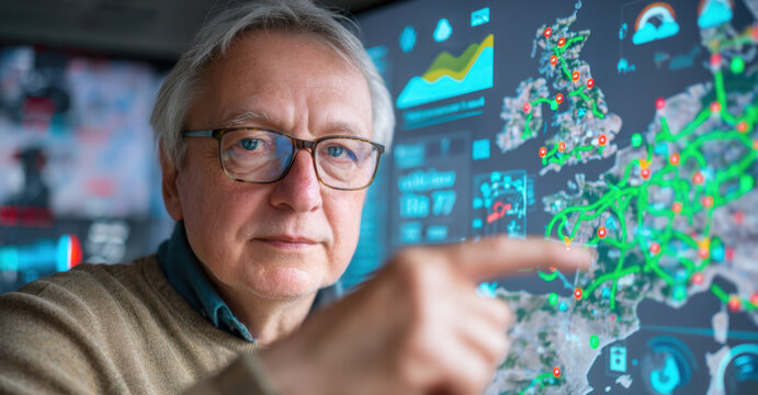 A senior professional engages with a digital interface displaying complex data related to urban planning and artificial intelligence