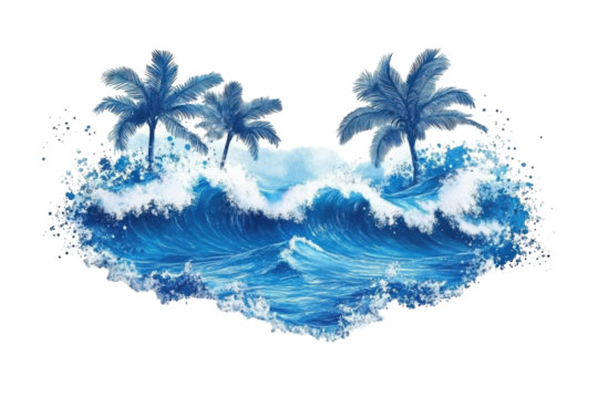 Tropical island engulfed by powerful ocean waves dramatic blue hues on transparent background