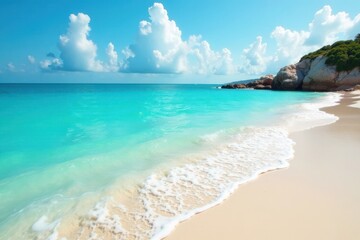 Obraz premium Soothing turquoise waters gently lap at the shore , ocean blue wave, sandy beach