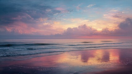 Obraz premium A serene coastal scene at sunrise with water, sand, & vibrant sky reflections.