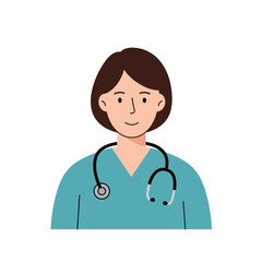 Fototapeta premium Female doctor or nurse character icon in scrubs with stethoscope, flat vector illustration for healthcare medical concept