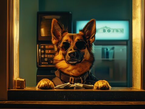 German Shepherd dog wearing sunglasses working at a bank teller window with cash in paws, creating a humorous, unexpected scene.