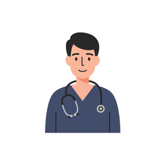 Fototapeta premium Male doctor or nurse character icon in scrubs with stethoscope, flat vector illustration for healthcare and medical concept