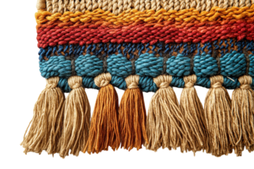 Vibrant woven wall hanging with colorful tassels detailed texture rich on transparent background