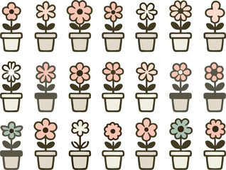A collection of cute round flower plants in pastel colors, each in a unique pot, arranged in a seamless pattern. The flowers have smiling faces, soft rounded petals, and simple green leaf	