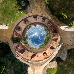 little planet and spherical aerial 360 panorama globe view with ancient medieval castle with church and historic buildings