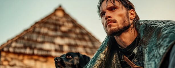 Obraz premium A man in a rugged setting, reflecting on his journey with his dog.