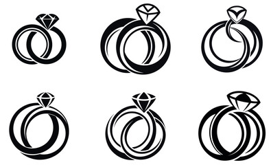 Elegant Black and White Diamond Ring Icons Set