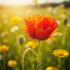 Fototapeta premium Dewy Red Poppy Among Wild Summer Flowers at Golden Hour