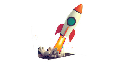 Metallic stylish with speed rocket launching from laptop pc screen	