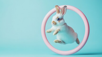 easter eggs festive decorations. Adorable Bunny Rabbit Jumping Through a Pink Hoop on a Light Blue Background Artistic Shot.