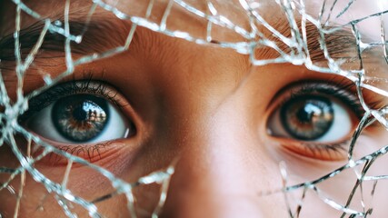 Close-up of eyes peering through broken glass, conveying vulnerability and fear.