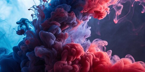 Fototapeta premium Enthralling dance of crimson and azure hues, a mesmerizing abstract ink swirl in a captivating underwater ballet. Deep colors blend, creating a vibrant, dreamlike scene.