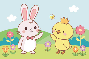 Adorable Rabbit and Chick Cheerful Cartoon Scene