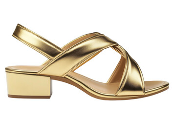 Elegant gold metallic low heel sandals perfect for summer parties Stylish on transparent background