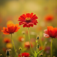 Elegant Red Zinnia in Full Bloom Against Golden Sunset Field