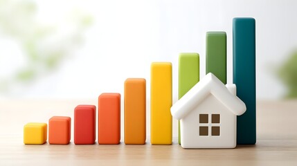 Personal Finance Saving Investments concept, Colorful graph bars beside a miniature house model, representing growth or investment in real estate.