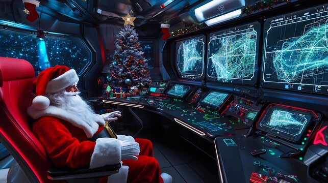 Santas futuristic control room holographic maps and AI assistants planning the gift route