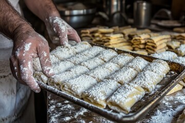 A bronze metal tray is being used to serve a delectable pile of freshly baked biscotti, highlighting their crumbly texture and light dusting of icing sugar