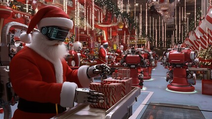Santas futuristic workshop where robots AI assistants craft high tech presents