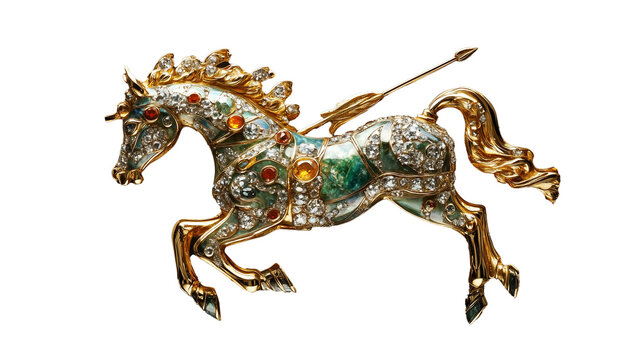 An exquisite golden unicorn brooch adorned with colorful gemstones and intricate detailing, showcased against a dark background	