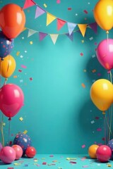 Colorful party decorations with balloons and streamers, cake, balloons, happy birthday