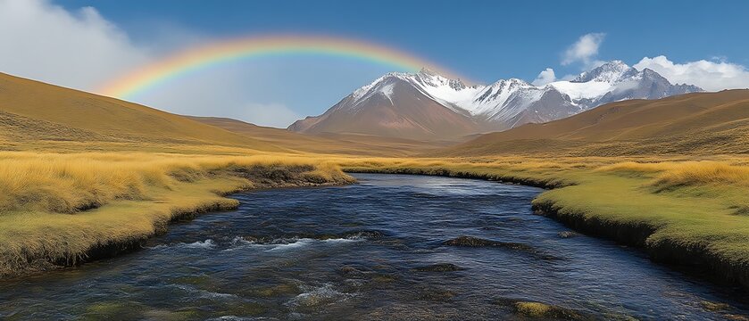 Rainbow over snow-capped mountains and river. - Powered by Adobe