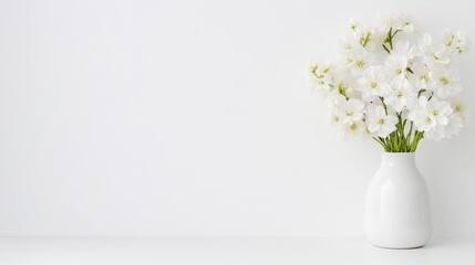 A white vase filled with delicate white flowers standing on a minimalist white surface, bright and clean composition, and serene and elegant home decor concept.