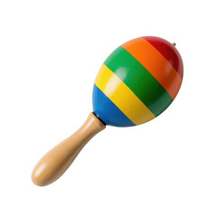 A vibrant rainbow maraca ready to make joyful music, a cheerful wooden handle and a bright colorful body against a clean transparent background.