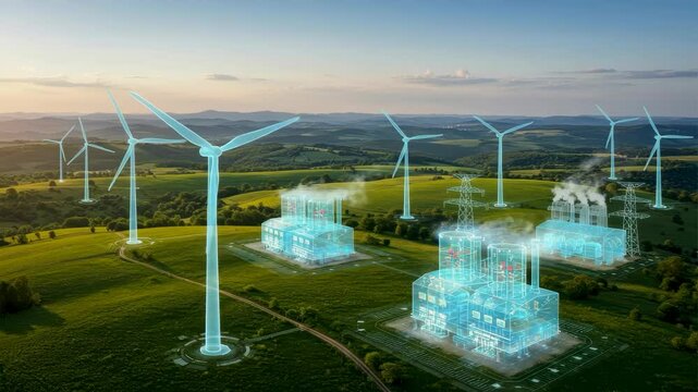 Futuristic renewable energy concept with digital holograms of wind turbines and smart power plants in countryside, perfect for green tech, sustainability, and clean energy innovation visuals.