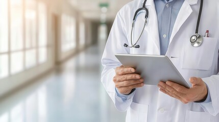 Cardiologist walking with medical tablet in hospital corridor, digital health records concept
