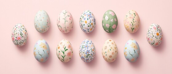 easter eggs festive decorations. Artistic Floral Pattern Decorated Easter Eggs in Pastel Colors Springtime Celebration Still Life.