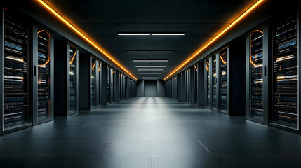 Dark Modern Server Room Corridor With Orange Lighting