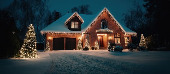 Enchanting winter dwelling adorned with festive illumination and snowy embrace